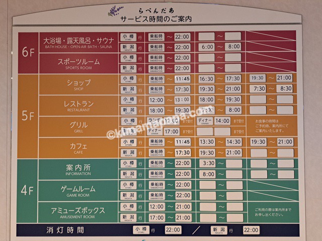 小樽港→新潟港の新日本海フェリーらべんだあ、4階サービス時間のご案内