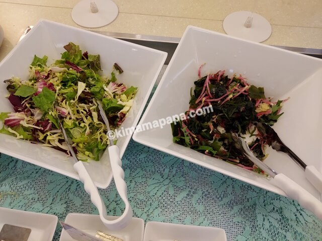 石川県金沢市のホテル山楽、朝食バイキングの大地のグリーンサラダと季節野菜と海藻のサラダ