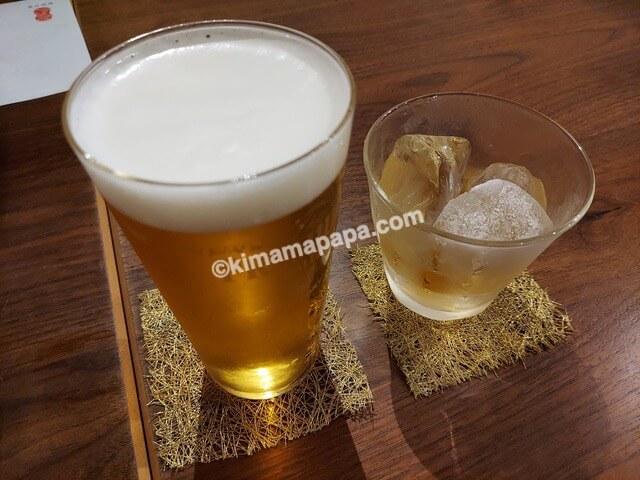 石川県金沢市の能加万菜、生ビールと南高梅酒ロック