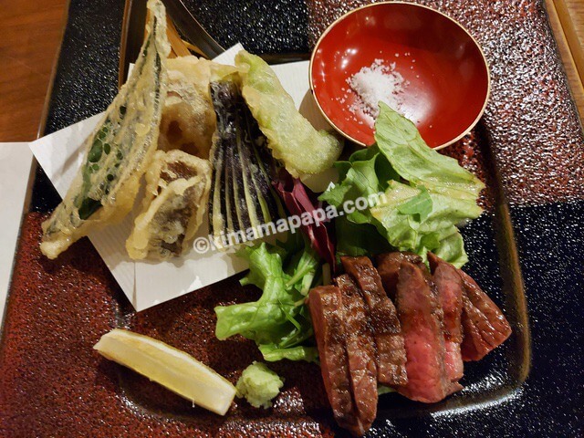 石川県金沢市の能加万菜、旬の幸と能登牛堪能コースの旬の天ぷらと能登牛ステーキ