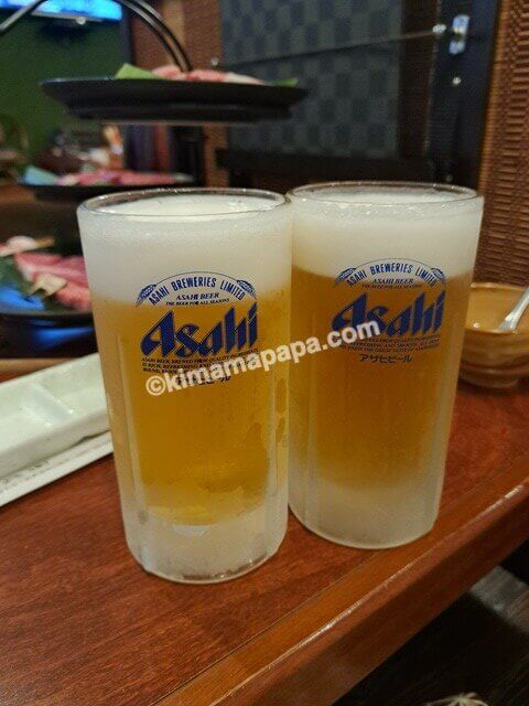 熊本県阿蘇市のあそ兵衛、夕食の生ビール