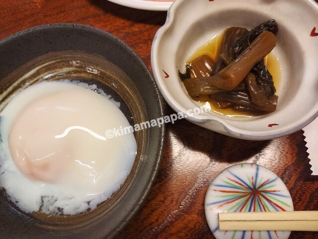 長野県野沢温泉村のふぶき、朝食の温泉たまごと野沢菜