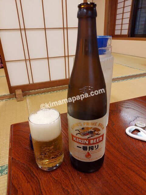 長野県野沢温泉村のふぶき、夕食のビール