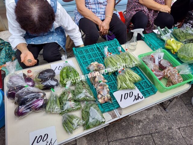 長野県野沢温泉村の朝市、おばちゃんの野菜