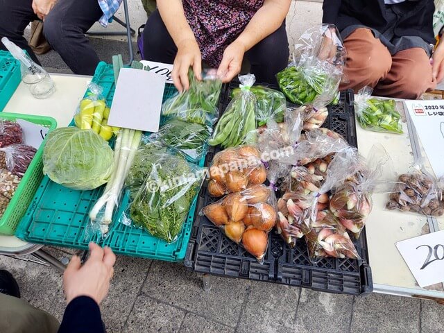 長野県野沢温泉村の朝市、おばちゃんの野菜