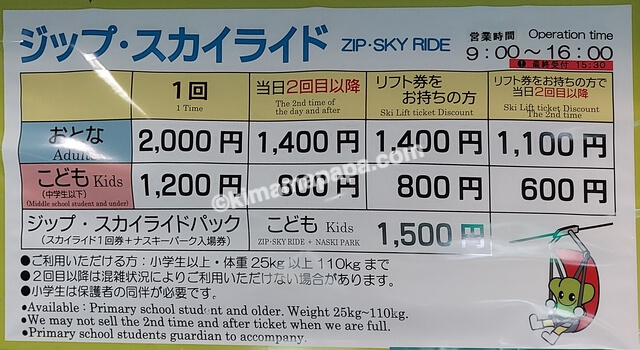 長野県、野沢温泉スポーツ公園のジップ・スカイライドの利用料