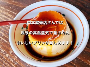 岡本屋売店さんでは、温泉の高温蒸気で蒸されたおいしいプリンが楽しめます！