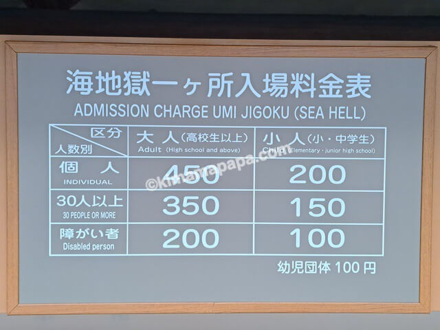 大分県別府市の海地獄、一ヶ所入場料金表