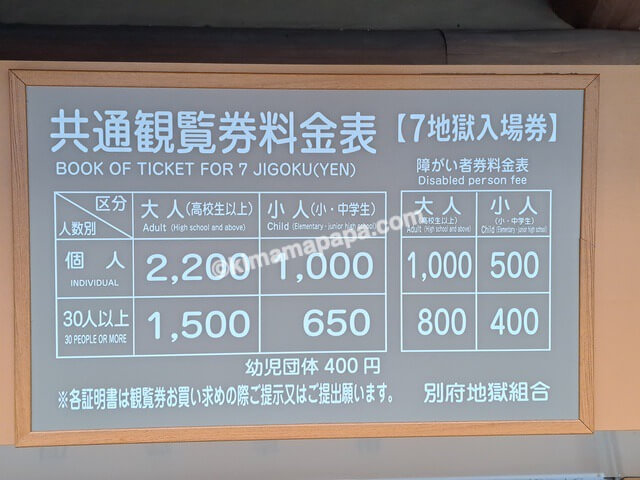 大分県別府市の海地獄、共通観覧券料金表